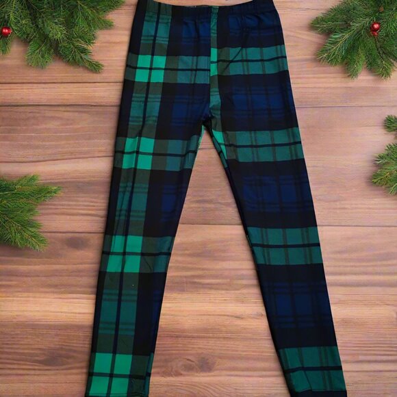 S/L NEW Girls Green Plaid Christmas Leggings, Luxury Soft Kids Yoga Pants - Picture 5 of 9